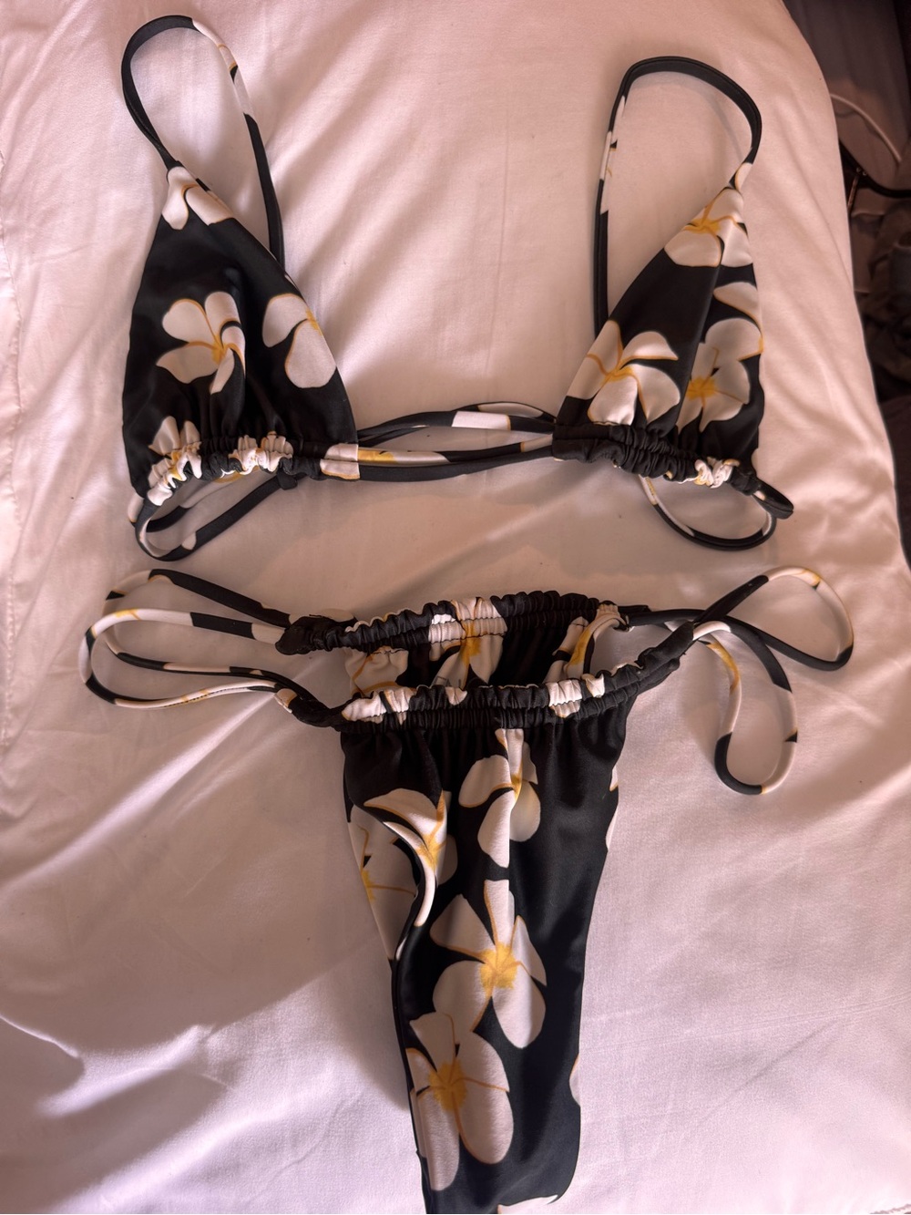 Benoa Swim Triangle Bikini Set with White & Yellow Plumeria